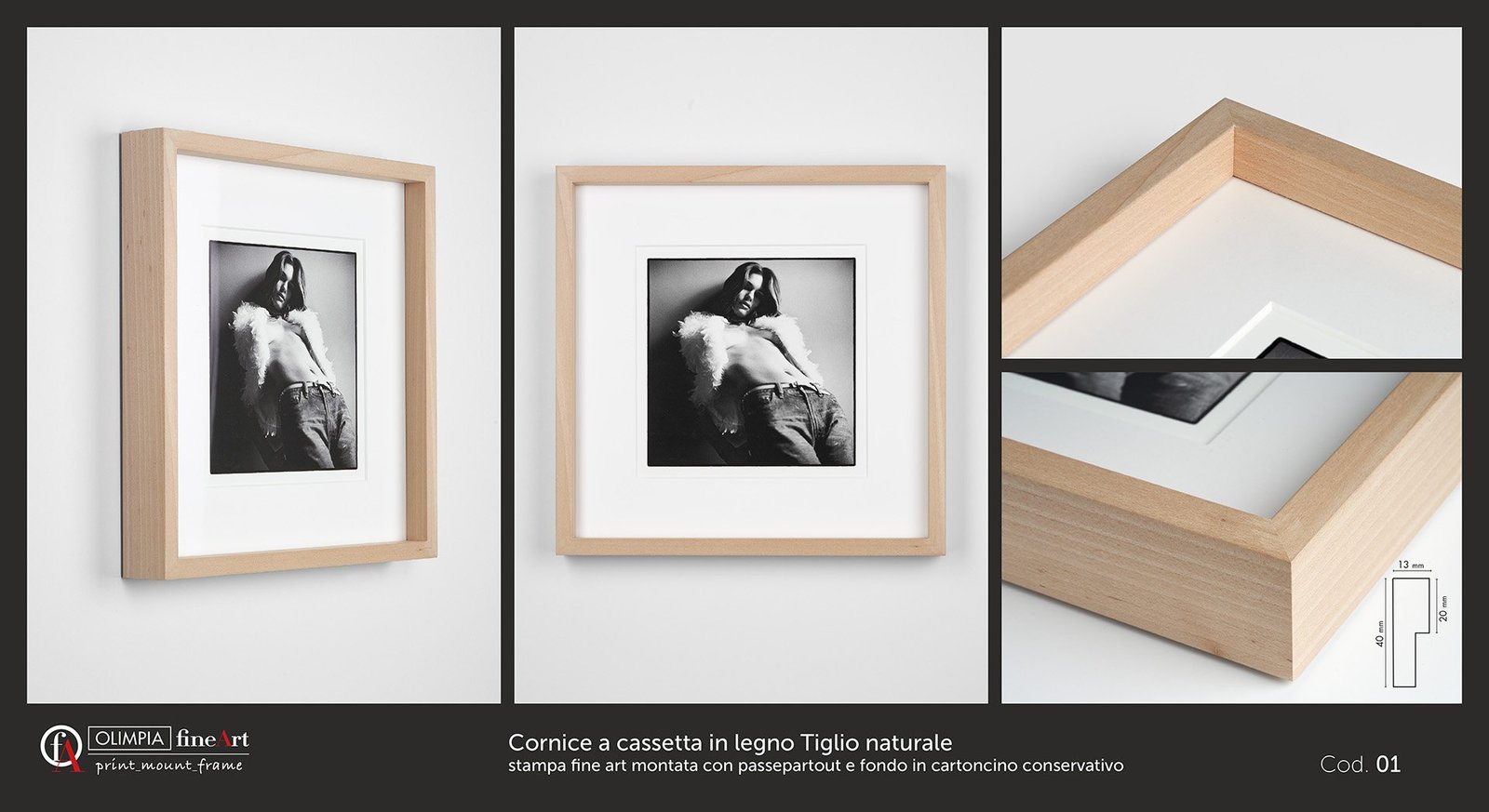 Cornice a cassetta in legno Tiglio naturale Cod. 01 - Olimpia Fine Art