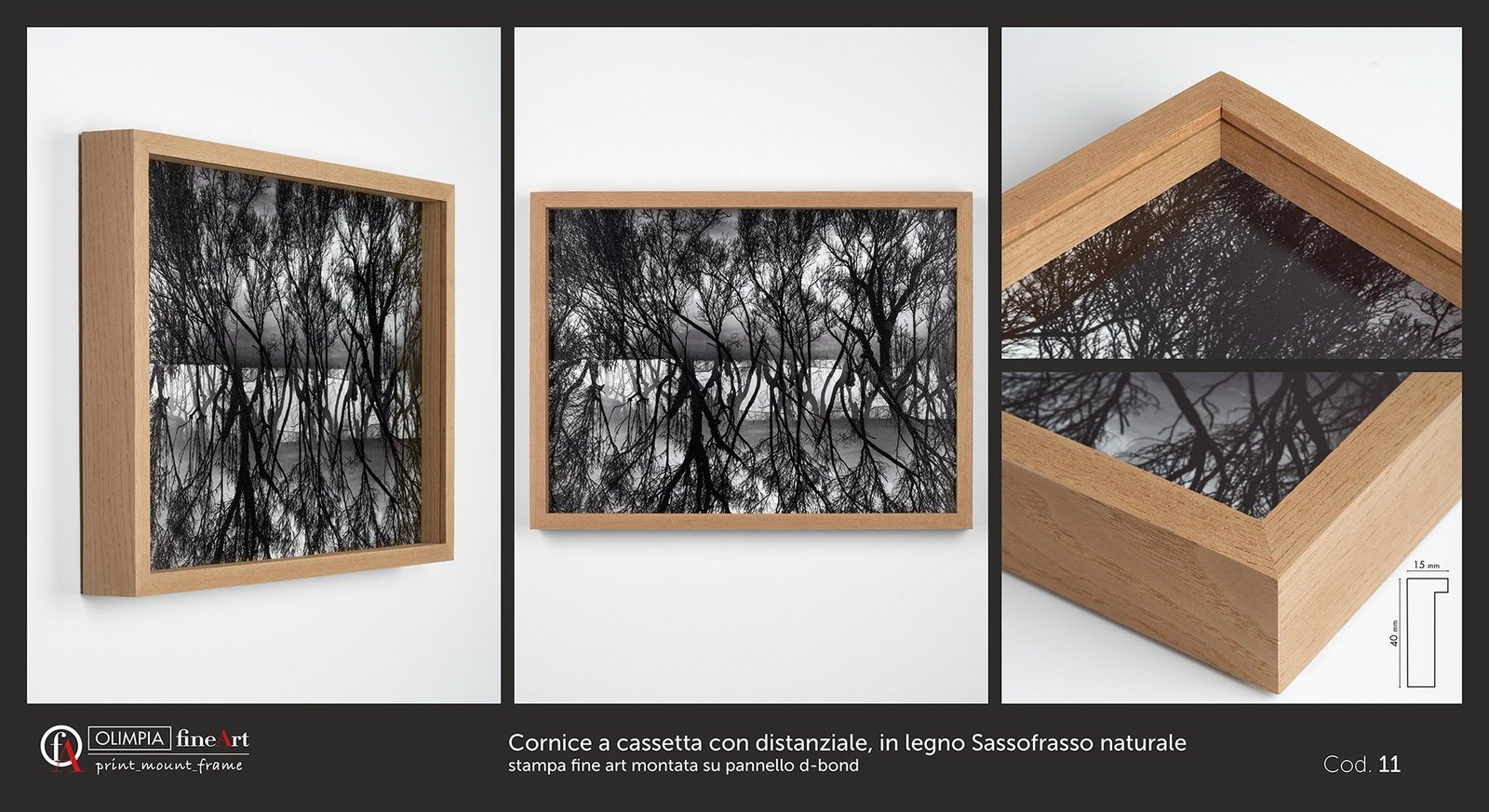 Cornice a cassetta con distanziale, in legno Sassofrasso naturale Cod. 11 - Olimpia Fine Art