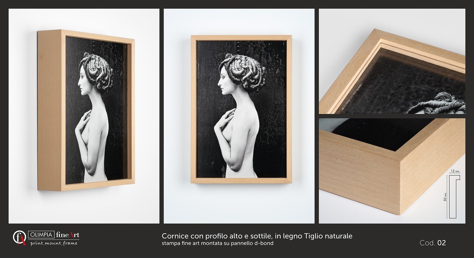 Cornice con profilo alto e sottile, in legno Tiglio naturale Cod. 02 - Olimpia Fine Art