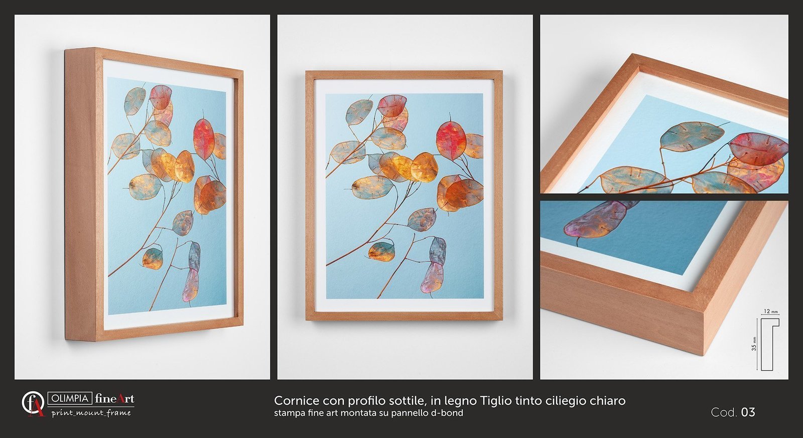 Cornice con profilo sottile, in legno Tiglio tinto ciliegio chiaro Cod. 03 - Olimpia Fine Art