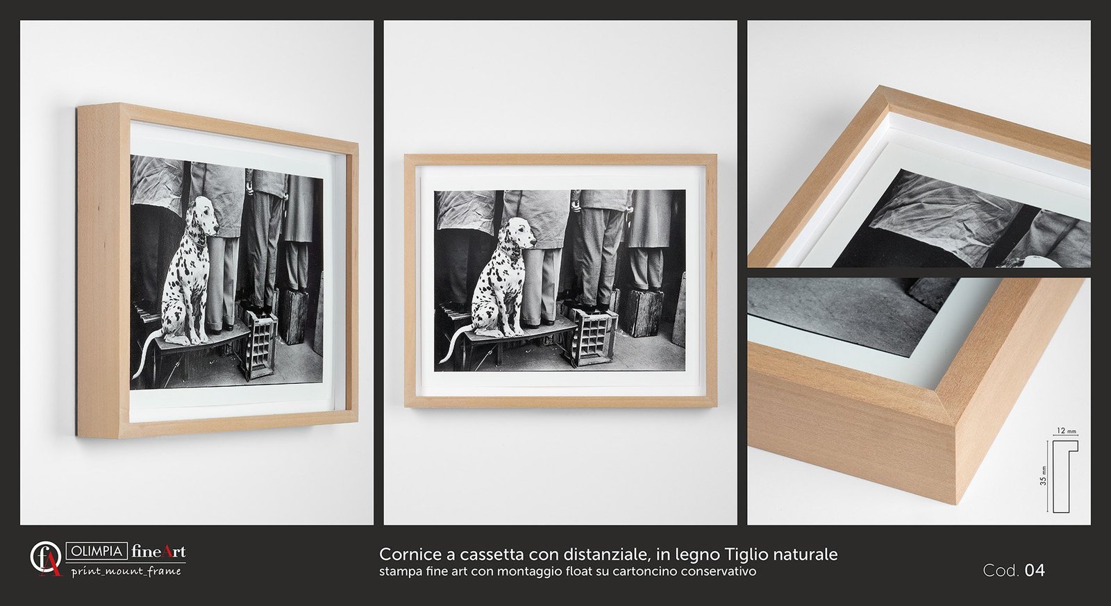 Cornice a cassetta con distanziale, in legno Tiglio naturale Cod. 04 - Olimpia Fine Art