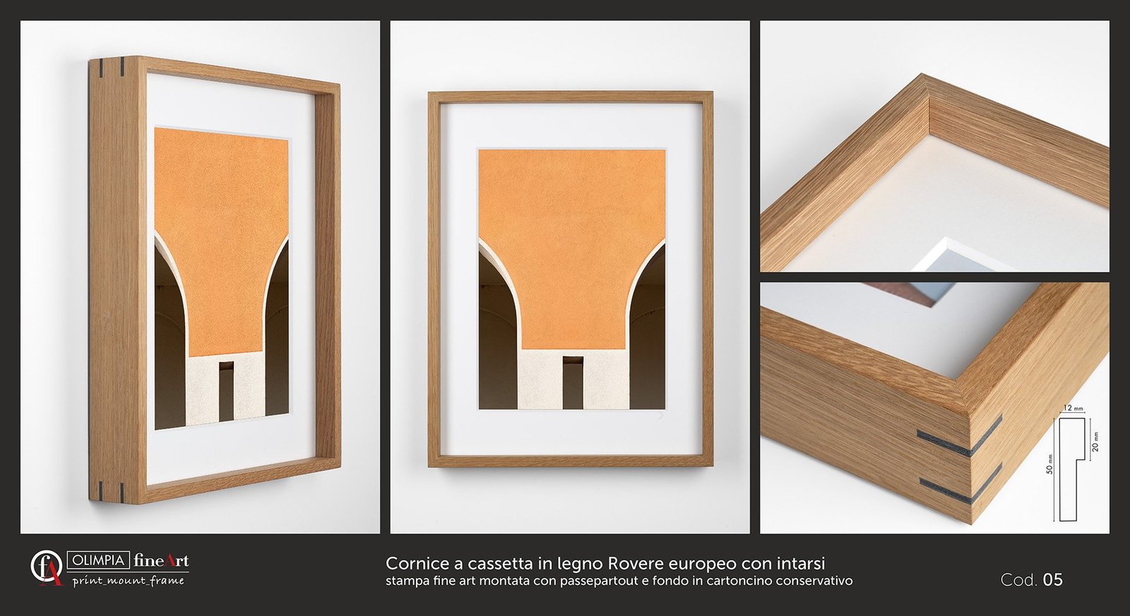 Cornice a cassetta in legno Rovere europeo con intarsi Cod. 05 - Olimpia Fine Art