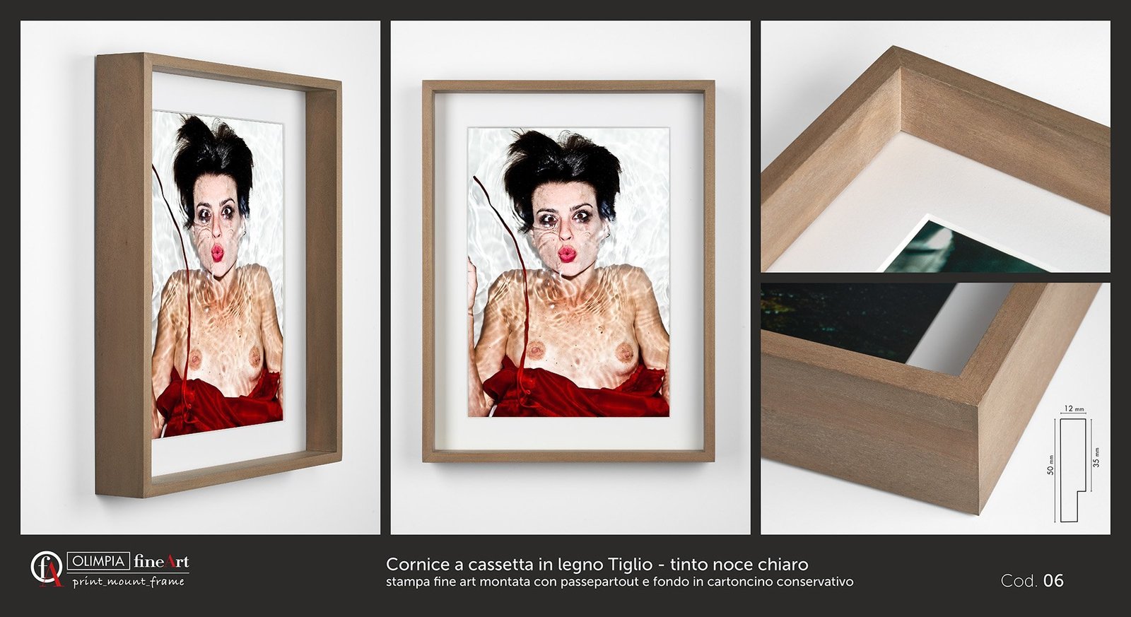 Cornice a cassetta in legno Tiglio - tinto noce chiaro Cod. 06 - Olimpia Fine Art