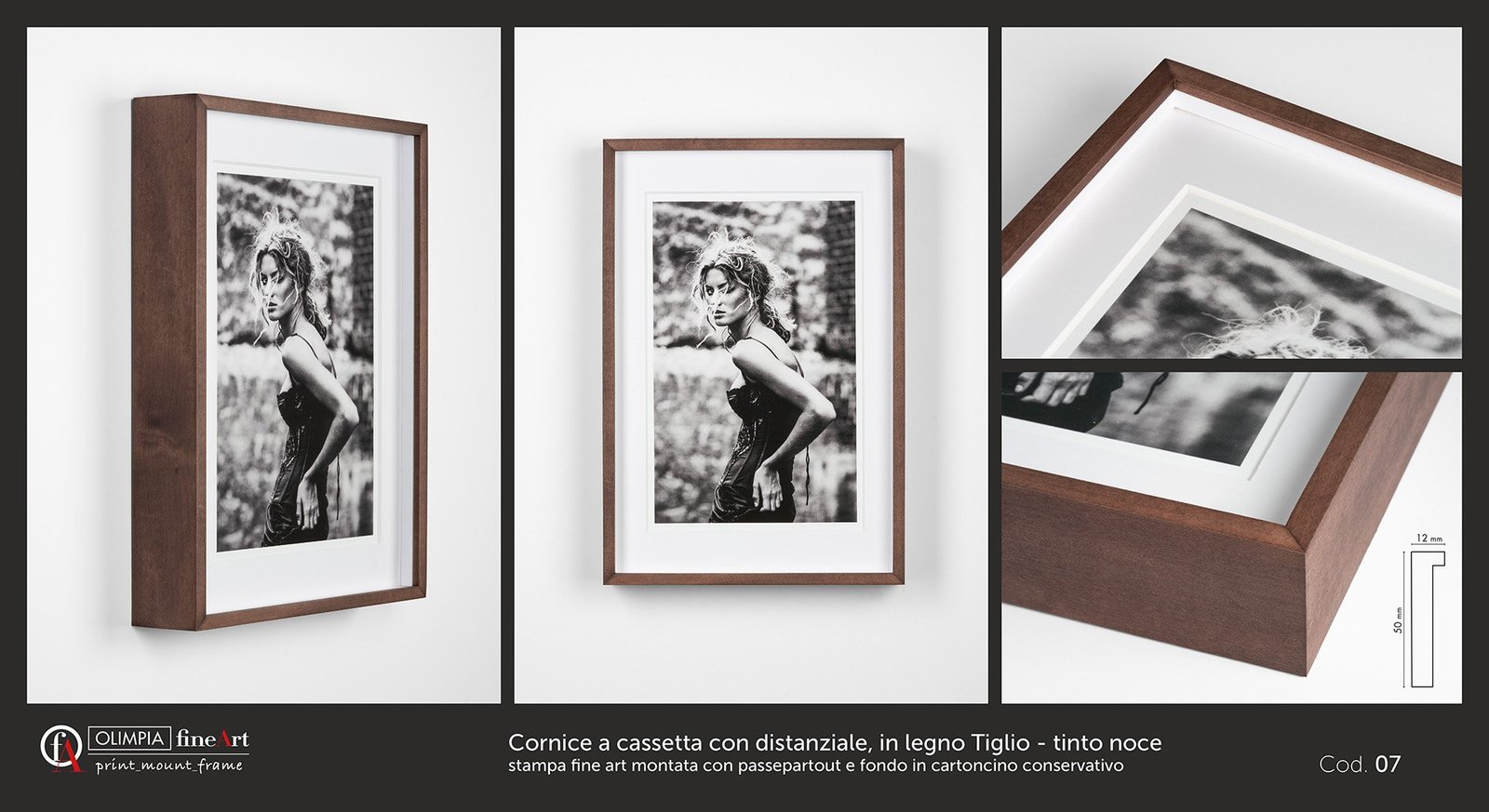 Cornice a cassetta con distanziale, in legno Tiglio - tinto noce Cod. 07 - Olimpia Fine Art