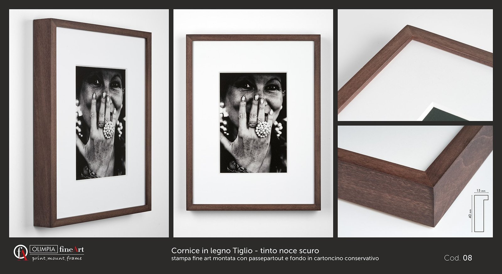 Cornice in legno Tiglio - tinto noce scuro Cod. 08 - Olimpia Fine Art