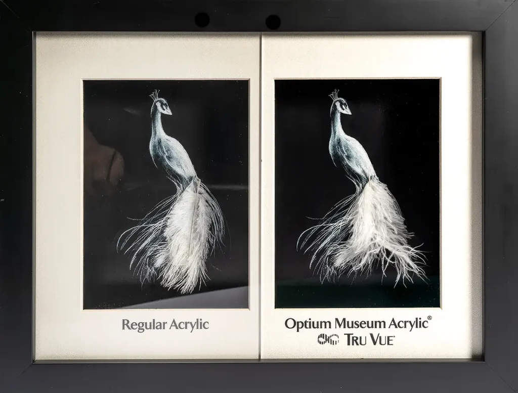 Confronto visivo tra un acrilico standard e l'acrilico museale antiriflesso Optium Museum Acrylic su una fotografia Fine Art.